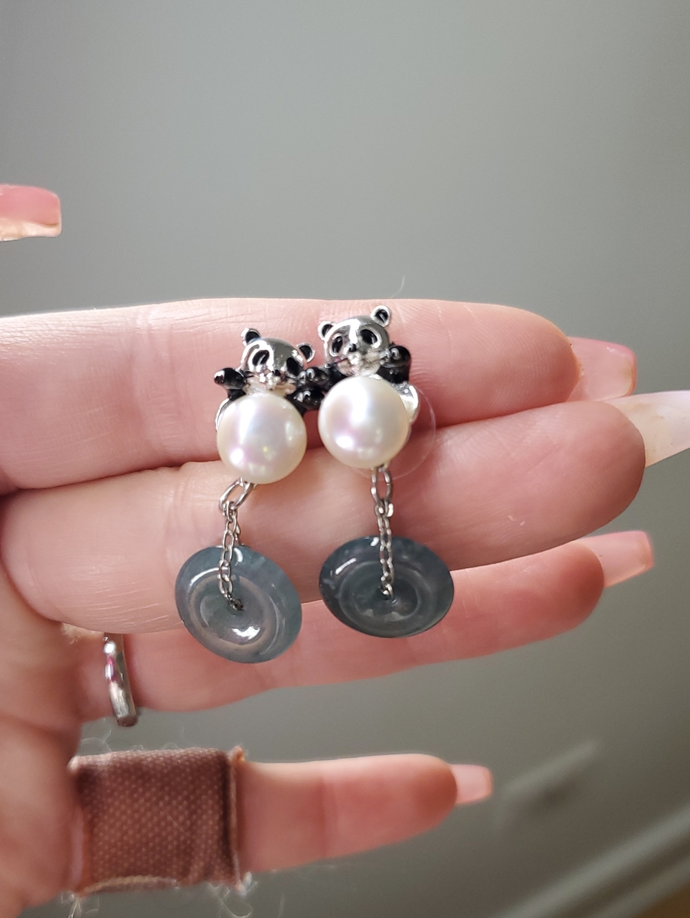 Silver Panda Freshwater Pearl Drop Earrings with Green Jade Discs
